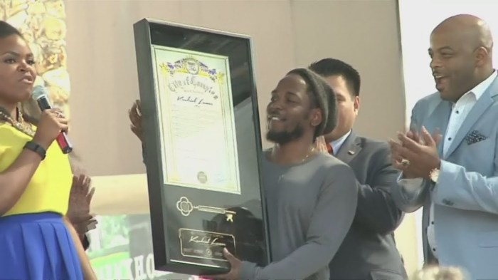 Rapper Kendrick Lamar attends the ceremony honoring him with the Keys ... Kendrick lamar awarded the key to compton